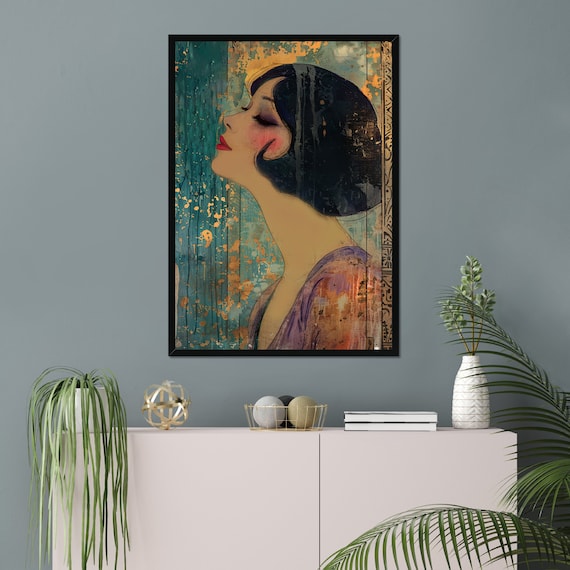 Framed Art Deco Style Vintage Powder Room Wall Art, Large 20s Blue Purple Gold Wall Art Retro Lovers Gift, Living Room Home Decor