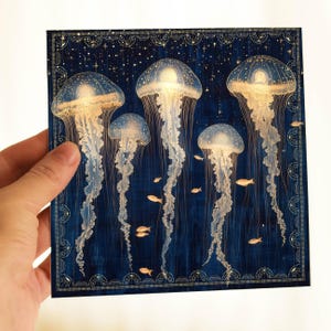 Tarjeta de felicitación de medusas con temática oceánica completamente ilustrada, tarjeta de cumpleaños submarina personalizada, papelería de vida marina para toda ocasión.
