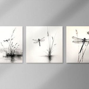 Dragonfly Triptych Japandi Wall Art | Print 3 Square | Giclee Triptych Japandi Art | Neutral Japanese Wall Art | Japandi Art Extra Large
