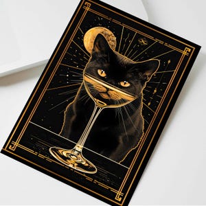 Grande carte féline en or noir et or noir, carte de tarot en or noir de style Art nouveau, papeterie d'anniversaire illustrée
