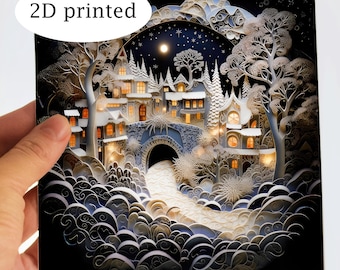 Magical Village in Snow Greeting Personalised Card, Whimsical Winter Town Christmas 2026 Cards, 2D Printed, Joyeux Noël, Frohe Weihnachten