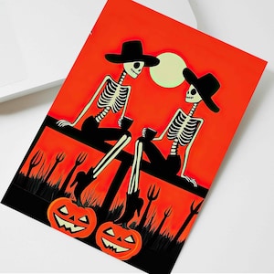 Carte personnalisée effrayante illustrée de squelettes occidentaux, carte d'anniversaire d'Halloween lesbienne, cadeau d'anniversaire gothique pour petite amie LGBTQ