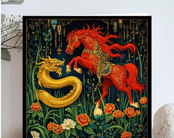 Cartão personalizado para o Ano Novo Lunar Chinês, Ano do Cavalo de Fogo, Feliz Ano Novo Chinês 2026, Estação do Cavalo Vermelho em Branco
