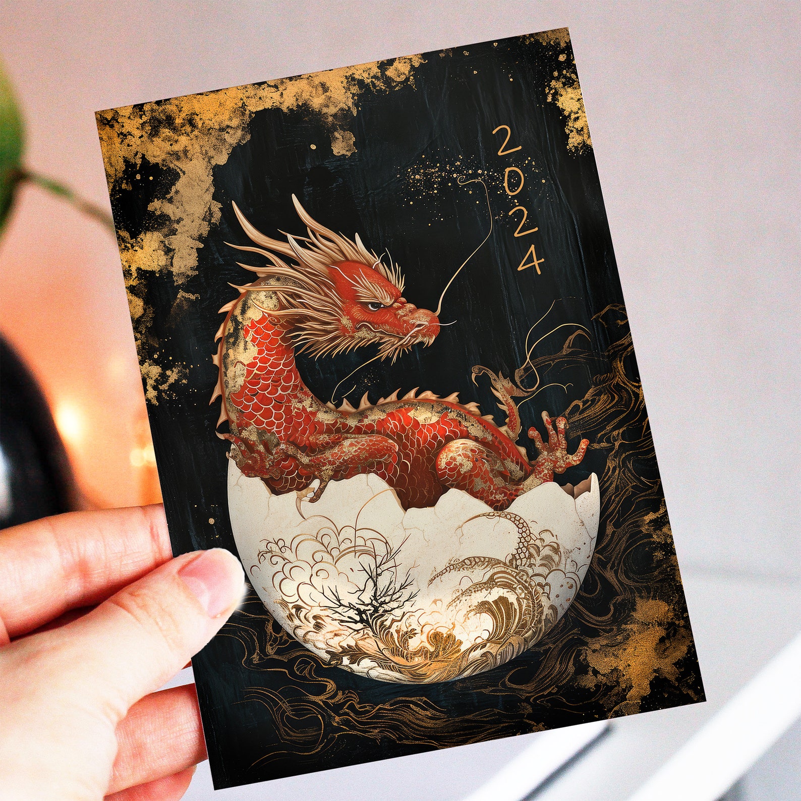 Dragon Egg Hatching Chinese New Year 2024 Card, Lunar New Year 2024 Gift, Wood Dragon Card
