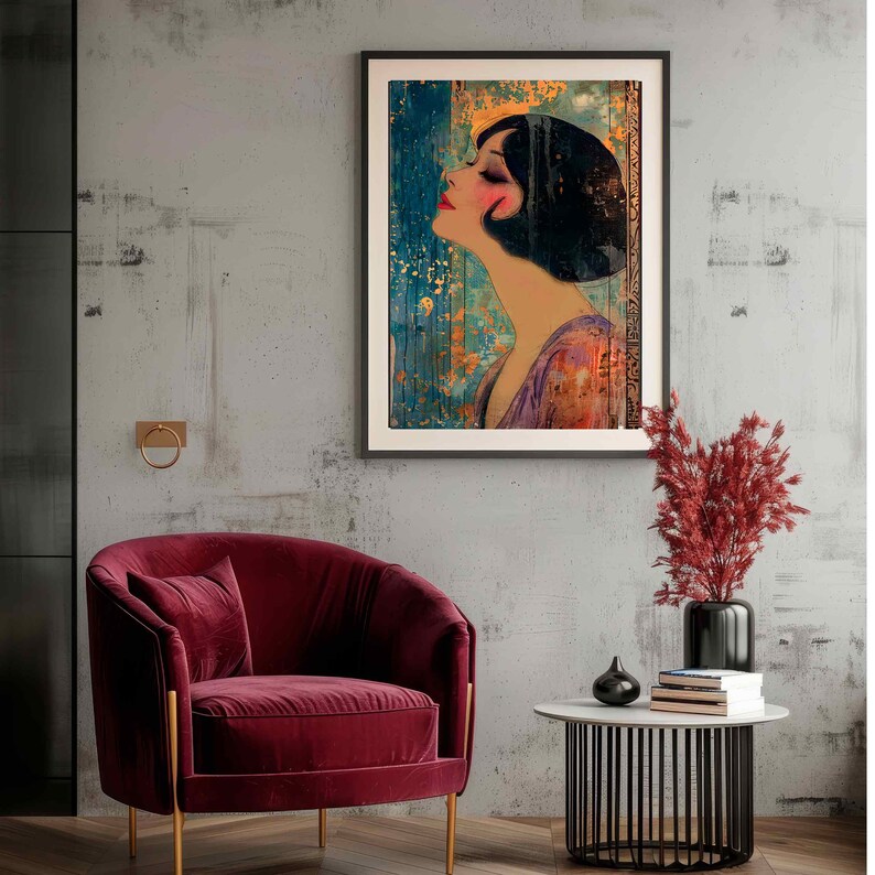 Framed Art Deco Style Vintage Powder Room Wall Art, Large Art Deco Blue Purple Gold Wall Art Retro Lovers Gift, Living Room Home Decor