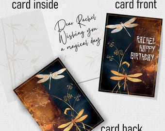 Personalised Japanese Birthday Card with Golden Dragonflies, Custom Oriental Greeting Card Elegant Asian Inspired Gift for Her or Him