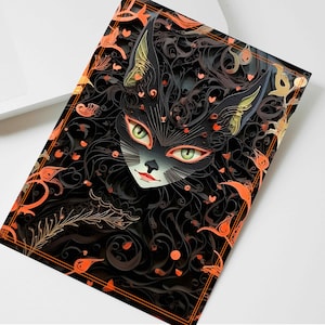 Carta regalo di Halloween con ragazza maga oscura, biglietto d'auguri fantasy Catwoman, biglietto di compleanno per amico, biglietto per amante dei gatti, strega oscura