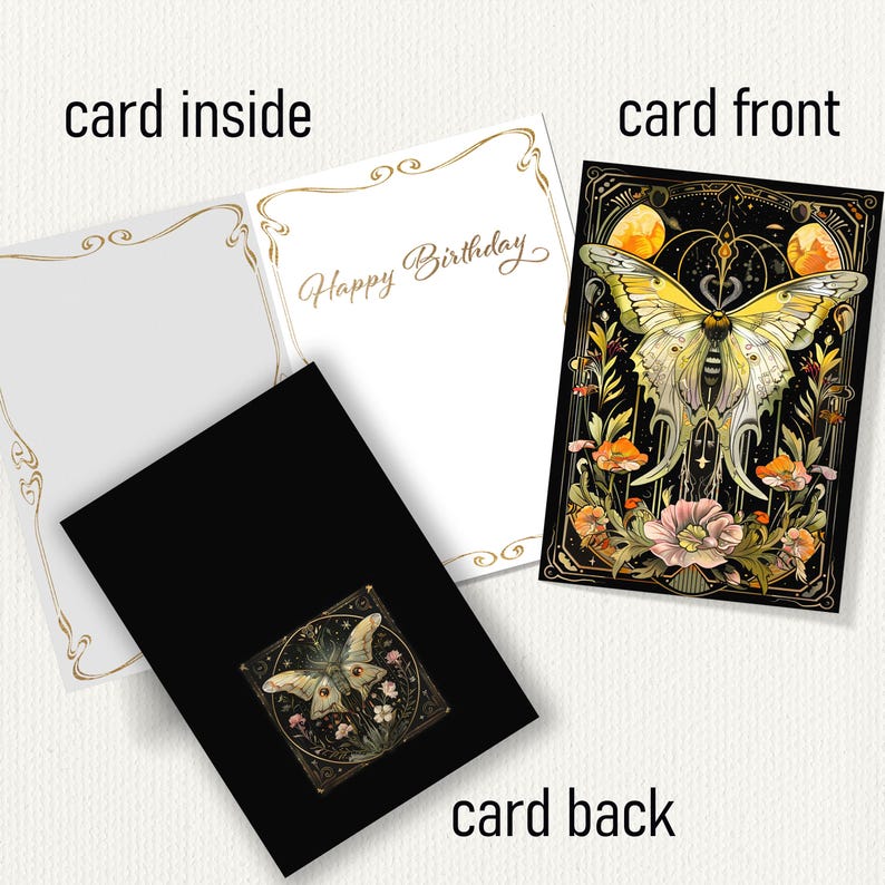 Butterfly Moth Illustration Art Nouveau Stationary, Insect Flowers Goth Goblincore Whimsigoth Birthday Card, Cottagecore Dark Moths Gift
