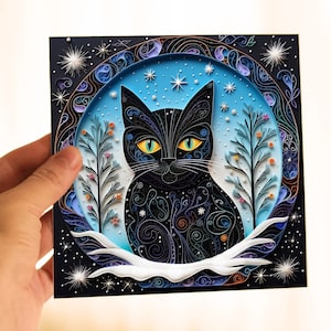 Carte de Noël mystique félin dans la fenêtre, papeterie de chat noir, cadeau d'anniversaire d'anniversaire pour les amoureux des chats et les parents de chats, effet 3D imprimé