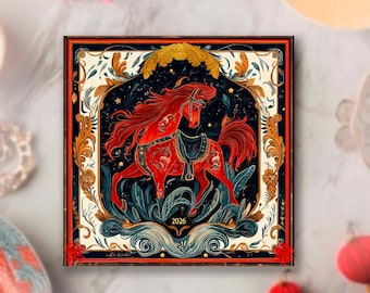 Cartão de felicitações personalizado para o Ano Novo Chinês com Cavalo de Fogo – Ano Novo Lunar, Zodíaco, Feliz Ano Novo Chinês 2026, Pacote de Cartões em Branco com Cavalo Vermelho