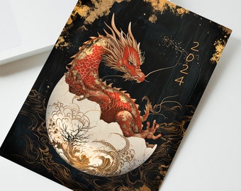 Eclosión de huevos de dragón - Tarjeta de Año Nuevo chino 2024, Regalo de Año Nuevo Lunar 2024, Tarjeta de arte de dragón de madera Tarjeta de cumpleaños de huevo de dragón para amantes de los dragones