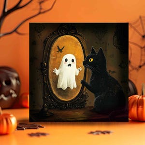 Chat noir et fantôme uniques personnalisés Halloween illustrée effrayante carte de voeux cadeau pour son amie fille mère enfants cadeau Witchcore