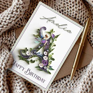 Gepersonaliseerde eerste letter eerste fee verjaardagskaart, bloemen alfabet monogram cadeau moeder dochter vriend, 3D-effect bedrukt briefpapier