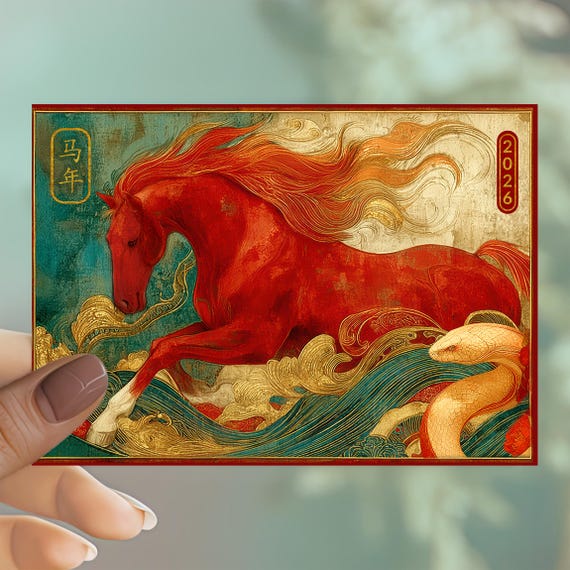 Year of Red Fire Horse Card 2026, Pack Cards, Red Envelope Option, Illustrated Lunar New Year Gift, Fire Horse Ang Pao