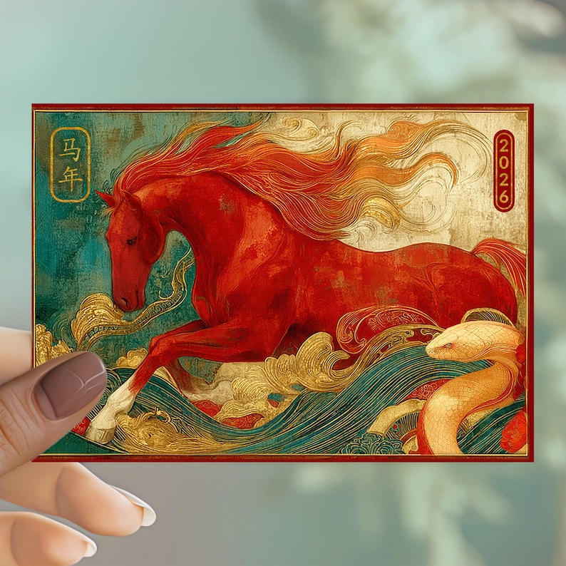 Personalised Year of Red Fire Horse Card 2026, Pack 8 Cards, Red Envelope Option, Illustrated Lunar New Year Gift, Fire Horse Ang Pao