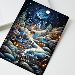 Tarjeta navideña de Pueblo Encantado, tarjetas de felicitación de Aurora Invernal para Navidad 2025, mágico país de las maravillas invernal, diseño con efecto 3D impreso