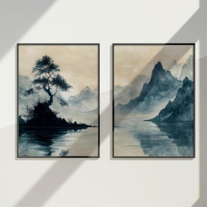 Mountain Wall Art Japandi Poster Set of 2 Prints Mountains Posters Black Blue White Landscape, Abstract Nature Print Modern Minimal Decor