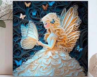Biglietto d'auguri personalizzato con fata e farfalla, completamente illustrato con effetto 3D, ideale come regalo di compleanno per le amanti delle fate.