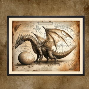 Gran huevo de dragón con dragón dibujo a lápiz cartel fantasía arte impresión regalo marido amante del dragón, arte de pared de estilo vintage decoración del dragón