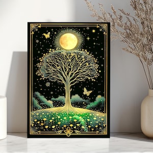 Papeterie personnalisée Art Nouveau Arbre de Vie Lune Céleste, style Tarot, carte d'anniversaire gothique fantaisiste pour fille ou nièce, illustration gothique