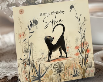 Personalized Black Cat Greerting Card for Feline Lover, Birthday Gift for Pet Owners Cat Mum Dad (5.5x5.5")