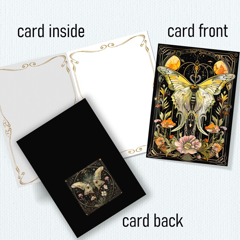 Butterfly Moth Illustration Art Nouveau Stationary, Insect Flowers Goth Goblincore Whimsigoth Birthday Card, Cottagecore Dark Moths Gift
