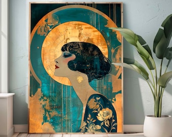 May include: A digital art print featuring a woman with short black hair and a gold earring. She is wearing a blue and gold floral dress. The background is a teal and gold abstract design.