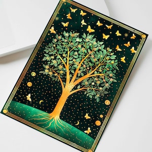 Papelería personalizada Art Nouveau con diseño de árbol de la vida y polilla celestial, tarjeta de cumpleaños Whimsigoth, ilustración gótica en oro y negro
