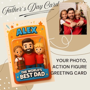Geburtstagsgeschenk für Papa von der Familie der Kinder, Action Hero Karte vom Foto, Familienporträt im Actionfigurenstil, personalisiertes Geburtstagsgeschenk für den Vater