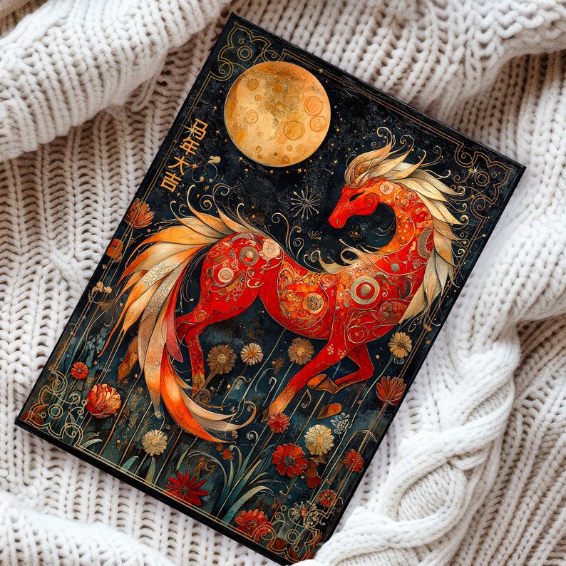 May include: A decorative journal with a striking red horse design and gold detailing, set against a dark backdrop with a full moon. The journal incorporates floral and celestial motifs, and the text "星年大吉" is visible.