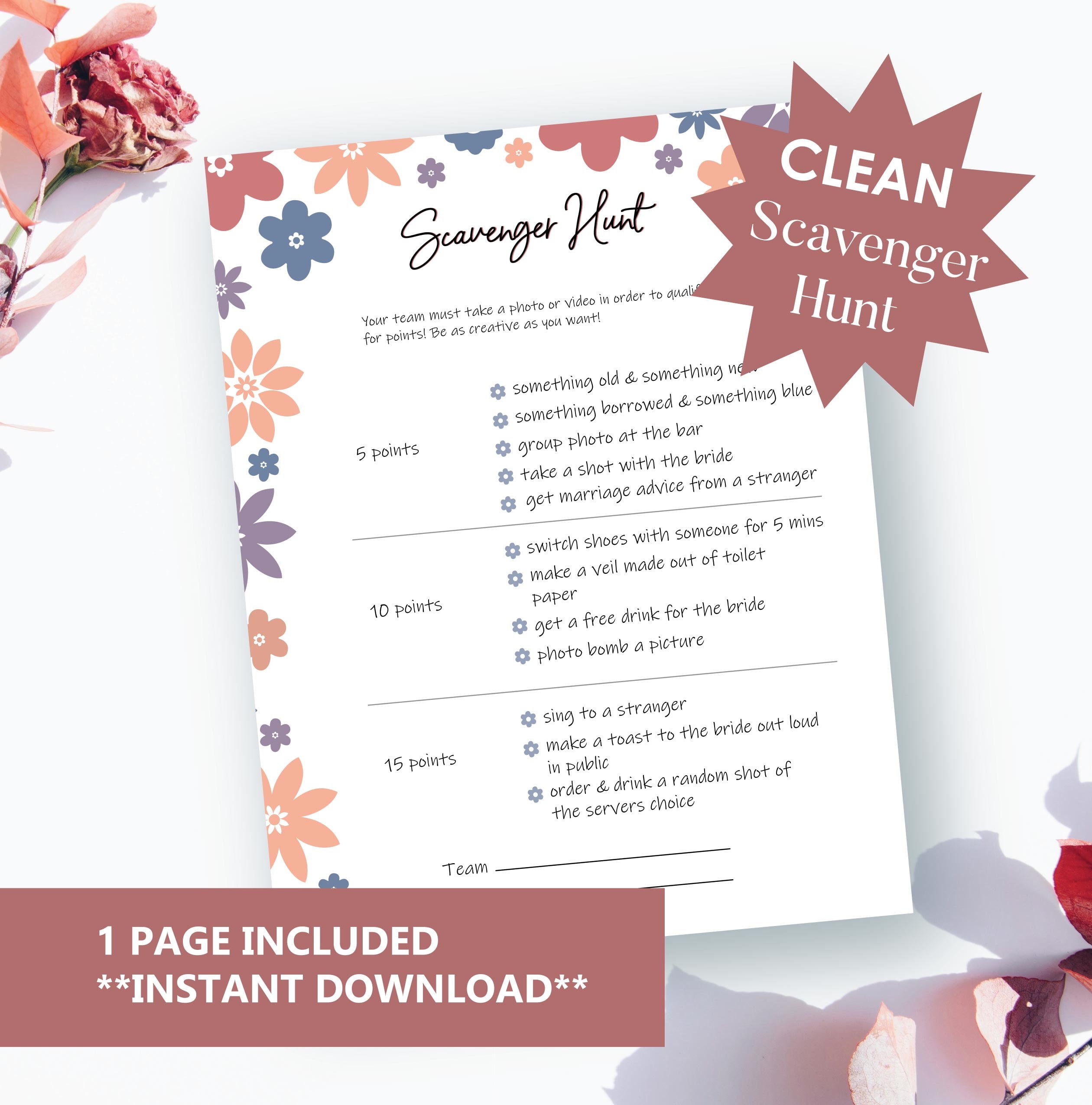 Hen Party Scavenger Hunt Clean Floral Bachelorette Party Game Bridal ...
