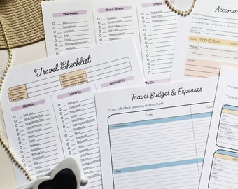 Paquete de plantillas de planificador de vacaciones Planificador de viajes en grupo Lista de equipaje de viaje Rastreador de gastos de viaje Planificador de investigación de hoteles Alojamiento de vacaciones