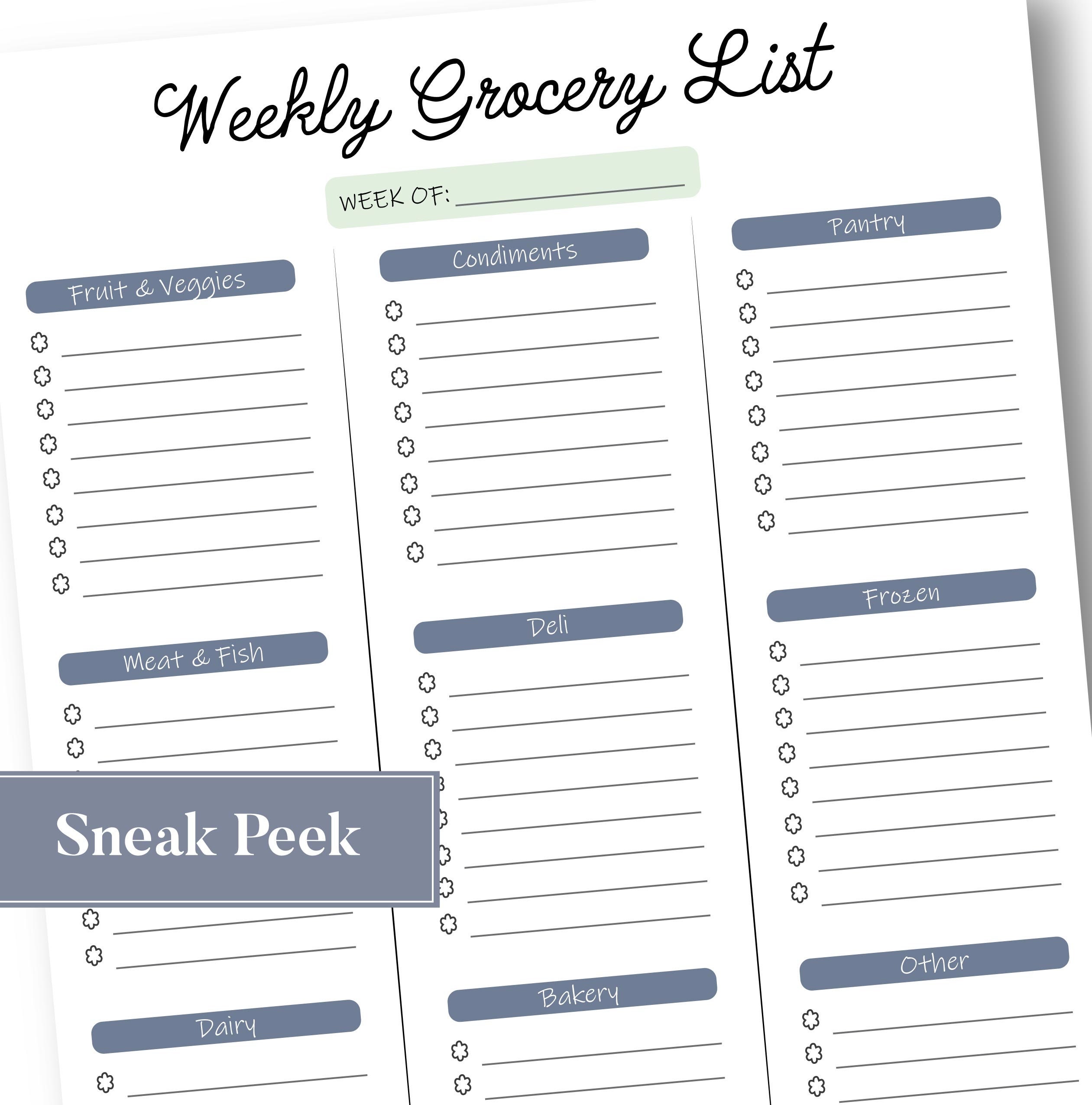 Grocery Shopping List Printable Weekly Shopping Checklist Template for ...