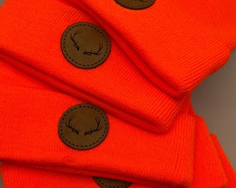 Blaze Orange Leather Patch Beanie