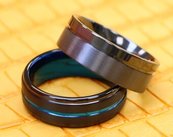 Anniversary Band, Promise Ring, Zirconium Wedding Ring, Woman's Engagement Ring, Men's Tungsten Wedding Band, Black and Blue Tungsten Ring,
