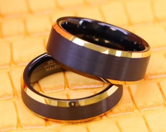 Black Tungsten Couple's Matching Wedding Band, Yellow Gold Tungsten Ring, Men's Wedding Band, Brushed Wedding Band, Couple Engagement Ring,