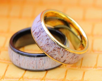 Unique Deer Antler Inlay Tungsten Wedding Ring, Gold Tungsten Ring, Deer Antler Ring, Black Tungsten Ring, Mens Tungsten Wedding Band,