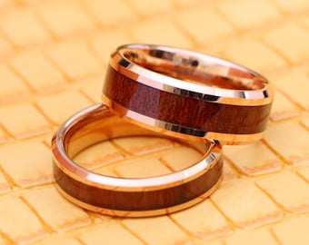 Rose Gold Wedding Band, Mens Polished Tungsten Band, Rose Gold Koa Wood Ring, Koa Wood Ring, Wedding Band, Rose Gold Women's Ring,Mens Gift,