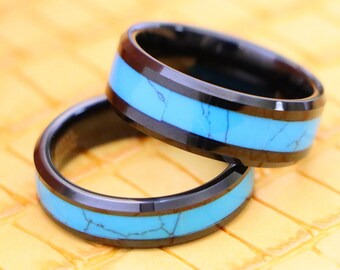 Men's Beveled Edge Black IP Tungsten Wedding Ring, Turquoise Inlay Anniversary Band, Promise Rings, Ring for Couple, Gift for Boyfriend,