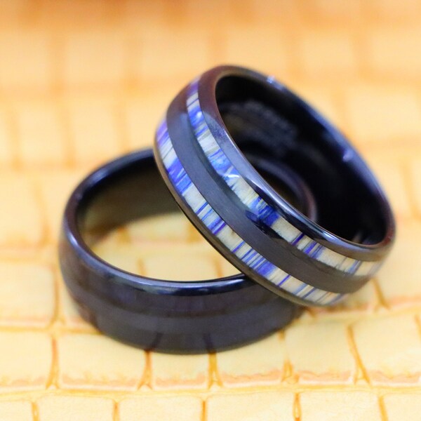 Anniversary Engagement Band, Promise Ring, Gift for Him, Mens Wood Ring with Exotic Blue Wood Inlay, Mens Tungsten Wedding Band,Wooden Ring,