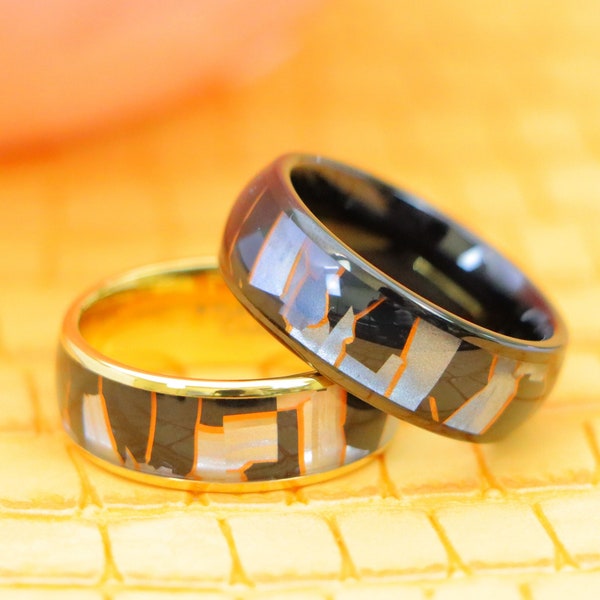 Unique Capiz Shell Black Resin Inlay Black Dome Wedding Band, 8mm Engagement Promise Ring, Men's Laser Engrave Yellow IP Plated Capiz,