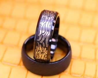 Custom Engraved Personalized Ring, Men Women Tungsten Wedding Band, 8MM Black IP Ring with Laser Carved Rock Art Pattern Tungsten Ring,