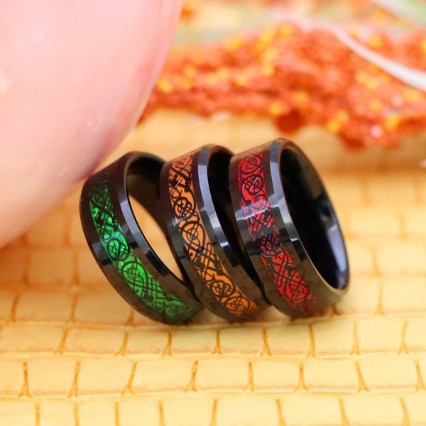 Engraved Anniversary Gift, Comfort Fit Promise Ring, Orange Resin Inlay Celtic Dragon Black Wedding Ring, Black Tungsten Men's Celtic Ring,