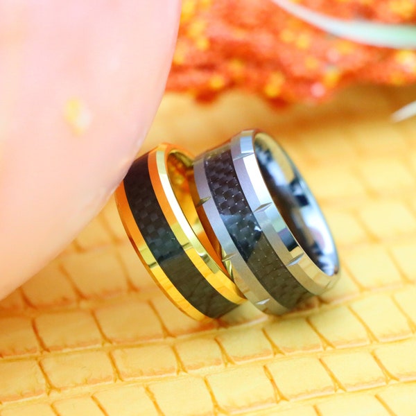 10mm Black Carbon Fiber Tungsten Ring, Engraved Wedding Date Ring, Unique Yellow Gold Men's Wedding Band, Custom Promise Ring for Him,
