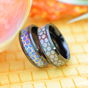 Mens Black Tungsten Honeycomb Ring, Men&#39;s Tungsten Wedding Band, Meteorite with Hive Pattern Inlay, 8mm Tungsten Promise Band, Opal Rings