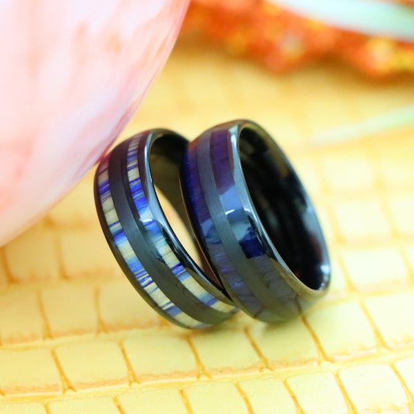 Unique Wedding Ring, Black Tungsten Ring, Men's Ring, Unique Exotic Blue Wood Inlay Brushed Center Dome Black Tungsten Carbide Ring,