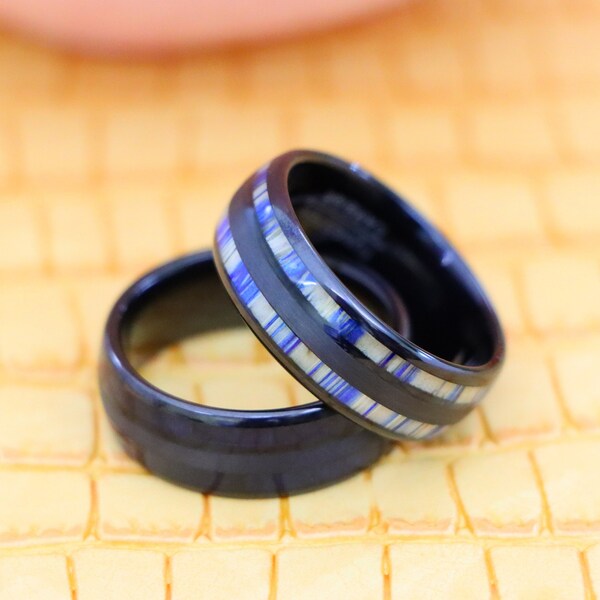 Black Wedding Ring, Tungsten Ring, Unique Bamboo Tree Inlay Black Dome Wedding Ring, Blue Dyed Bamboo Center Inlay Tungsten Wedding Band,