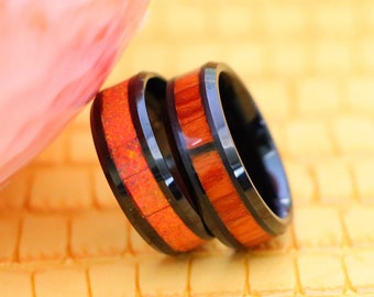 Tungsten Wood Ring, Hawaiian Koa Wood, Men's Wedding Band, Tungsten Wedding Ring, Wooden Ring, Orange Opal Inlay Tungsten Wedding Band,