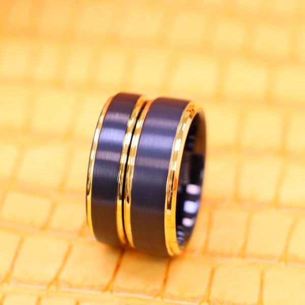 Matching Tungsten Wedding Band - Promise Ring, Two Tone Engagement Band, Anniversary Band for Men Women, Black & Yellow Gold Wedding Ring
