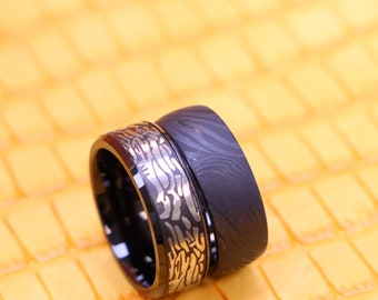 Custom Engraved Personalized Ring, Men Women Tungsten Wedding Band, 8MM Black IP Ring with Laser Carved Rock Art Pattern Tungsten Ring,